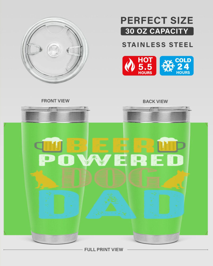 Beer Power Dog Dad 20oz Tumbler made of stainless steel with a copper lining, featuring a drink-thru lid and a stylish design for dog lovers.