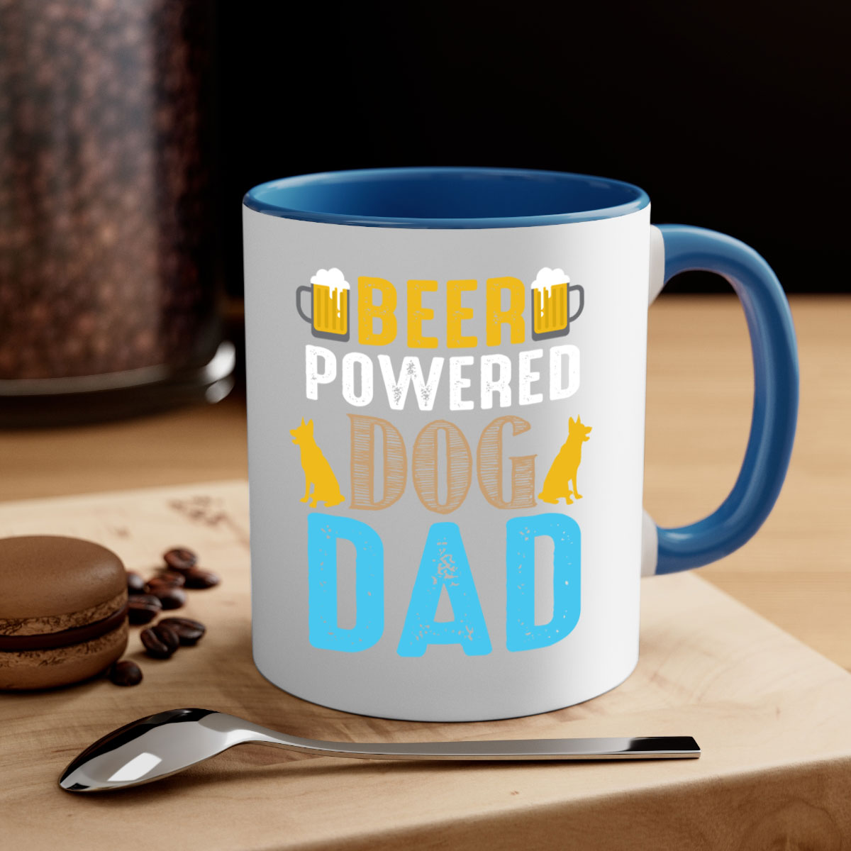 Beer Power Dog Dad Mug with colored handle and glossy finish, available in multiple colors and sizes.