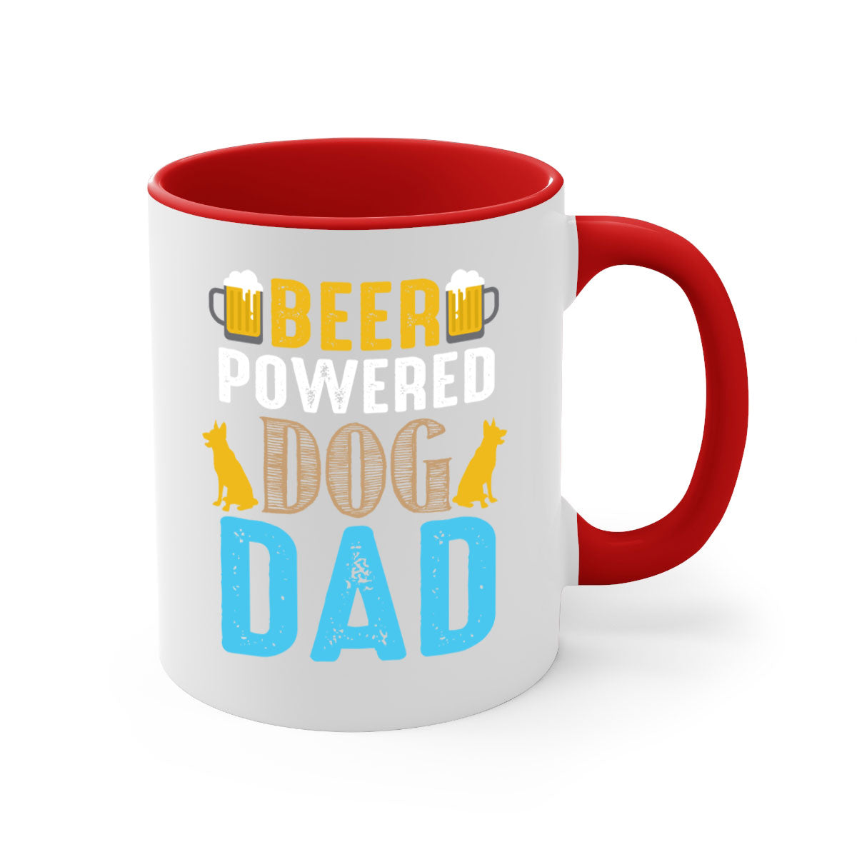 Beer Power Dog Dad Mug with colored handle and glossy finish, available in multiple colors and sizes.