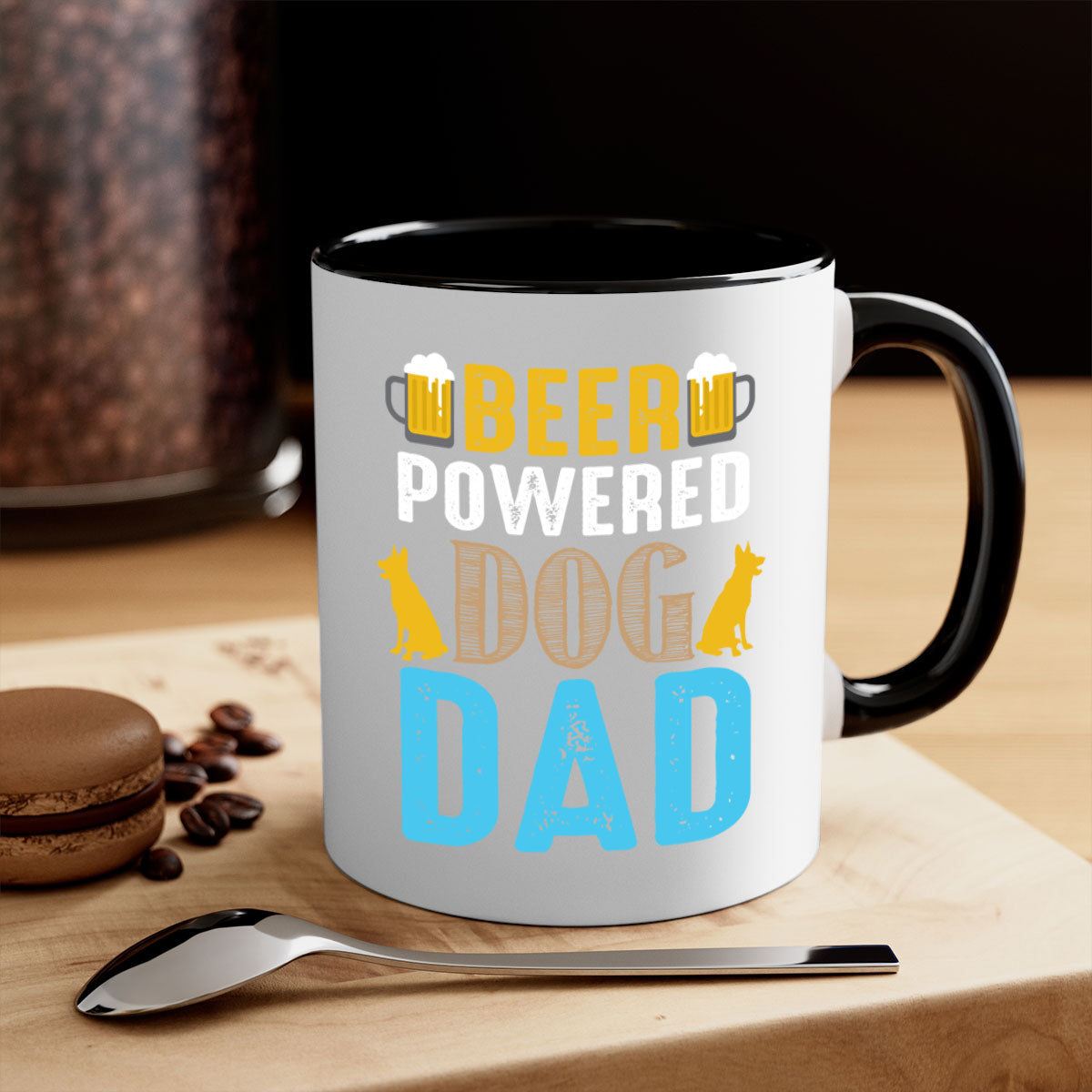 Beer Power Dog Dad Mug with colored handle and glossy finish, available in multiple colors and sizes.