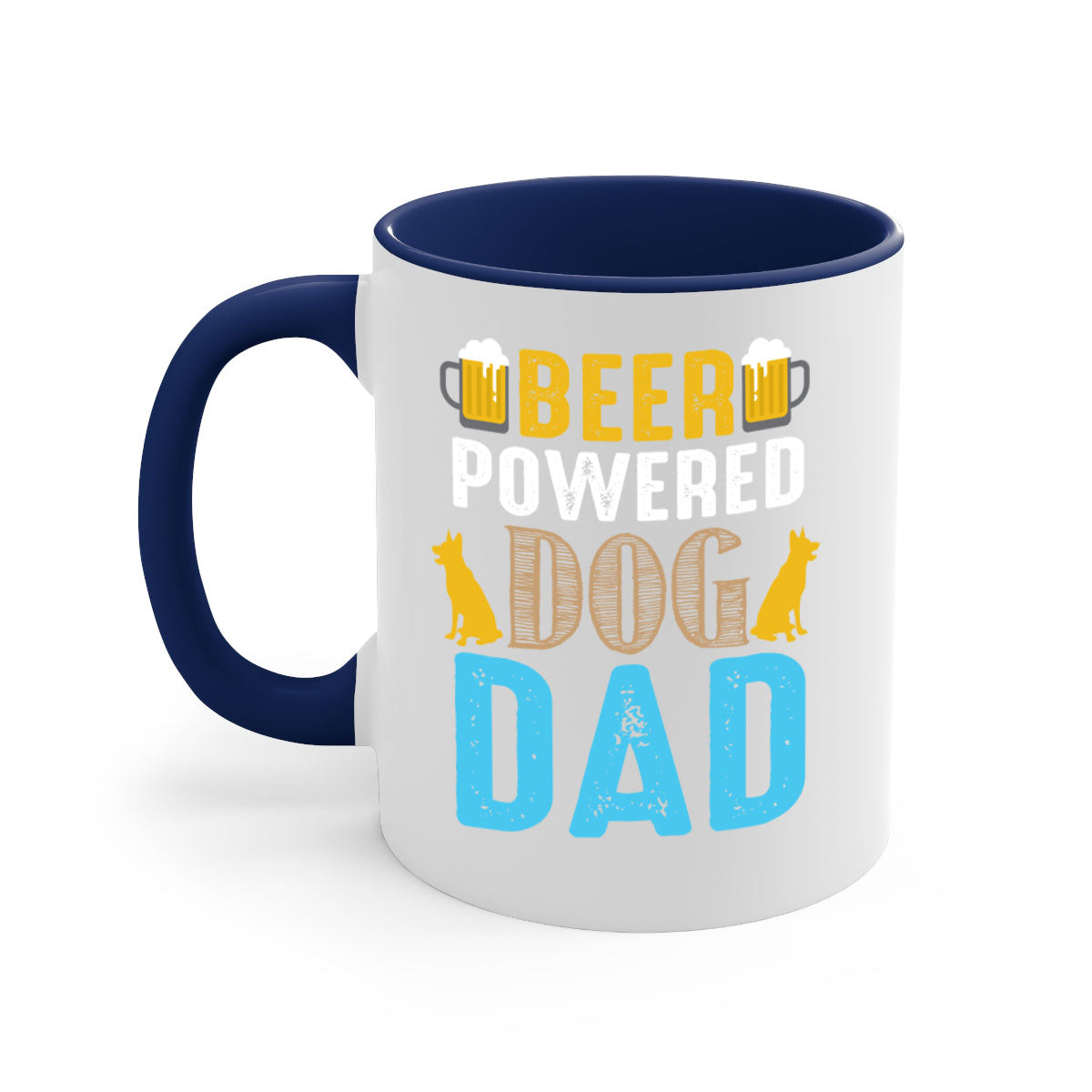 Beer Power Dog Dad Mug with colored handle and glossy finish, available in multiple colors and sizes.