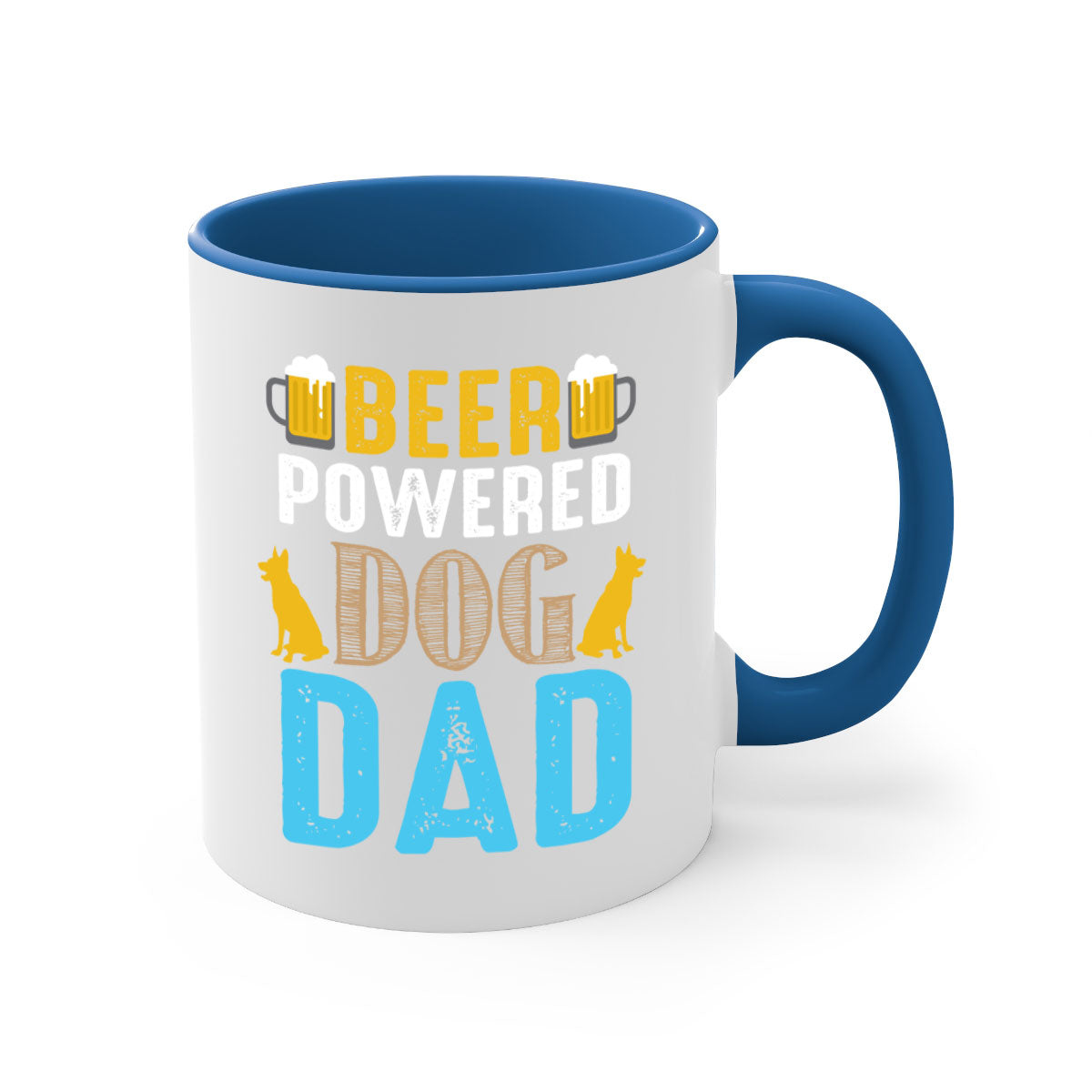 Beer Power Dog Dad Mug with colored handle and glossy finish, available in multiple colors and sizes.
