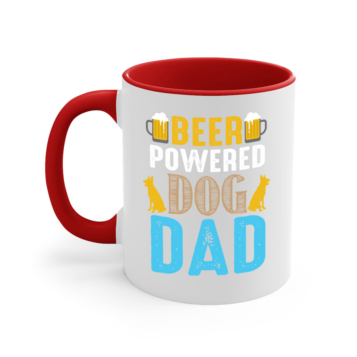 Beer Power Dog Dad Mug with colored handle and glossy finish, available in multiple colors and sizes.
