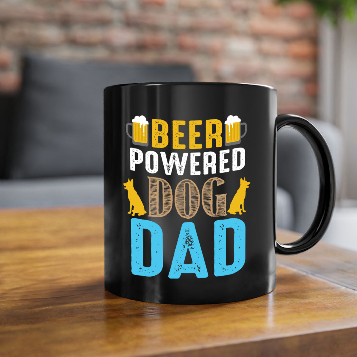 Beer Power Dog Dad Mug with colored handle and glossy finish, available in multiple colors and sizes.