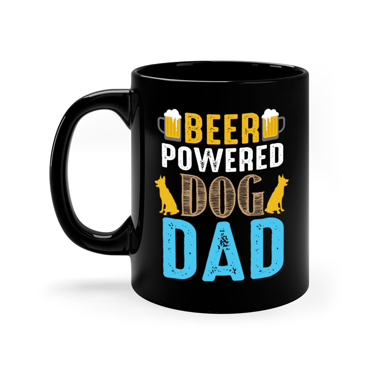 Beer Power Dog Dad Mug with colored handle and glossy finish, available in multiple colors and sizes.