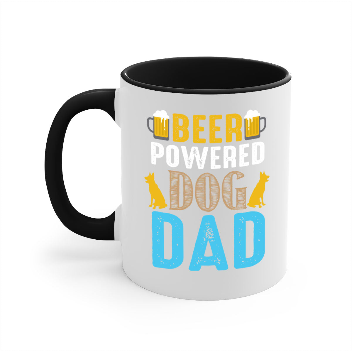 Beer Power Dog Dad Mug with colored handle and glossy finish, available in multiple colors and sizes.