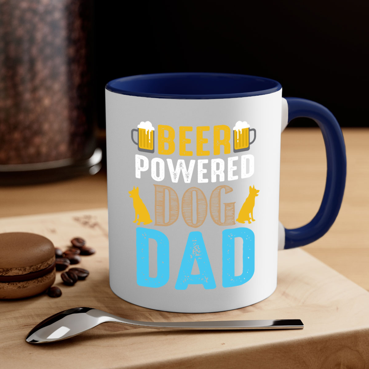 Beer Power Dog Dad Mug with colored handle and glossy finish, available in multiple colors and sizes.