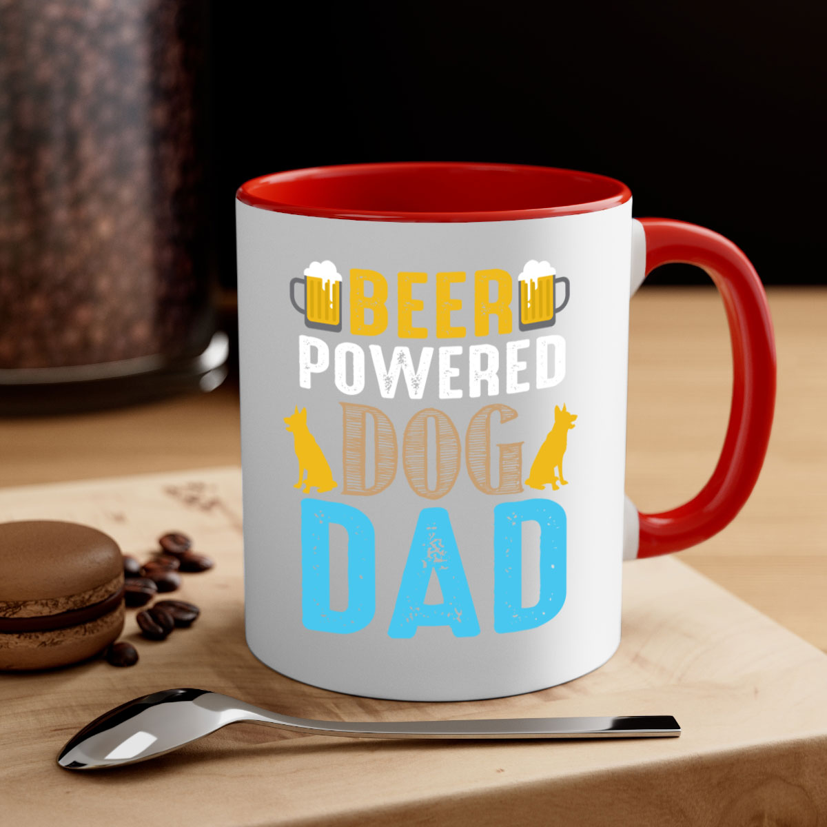 Beer Power Dog Dad Mug with colored handle and glossy finish, available in multiple colors and sizes.
