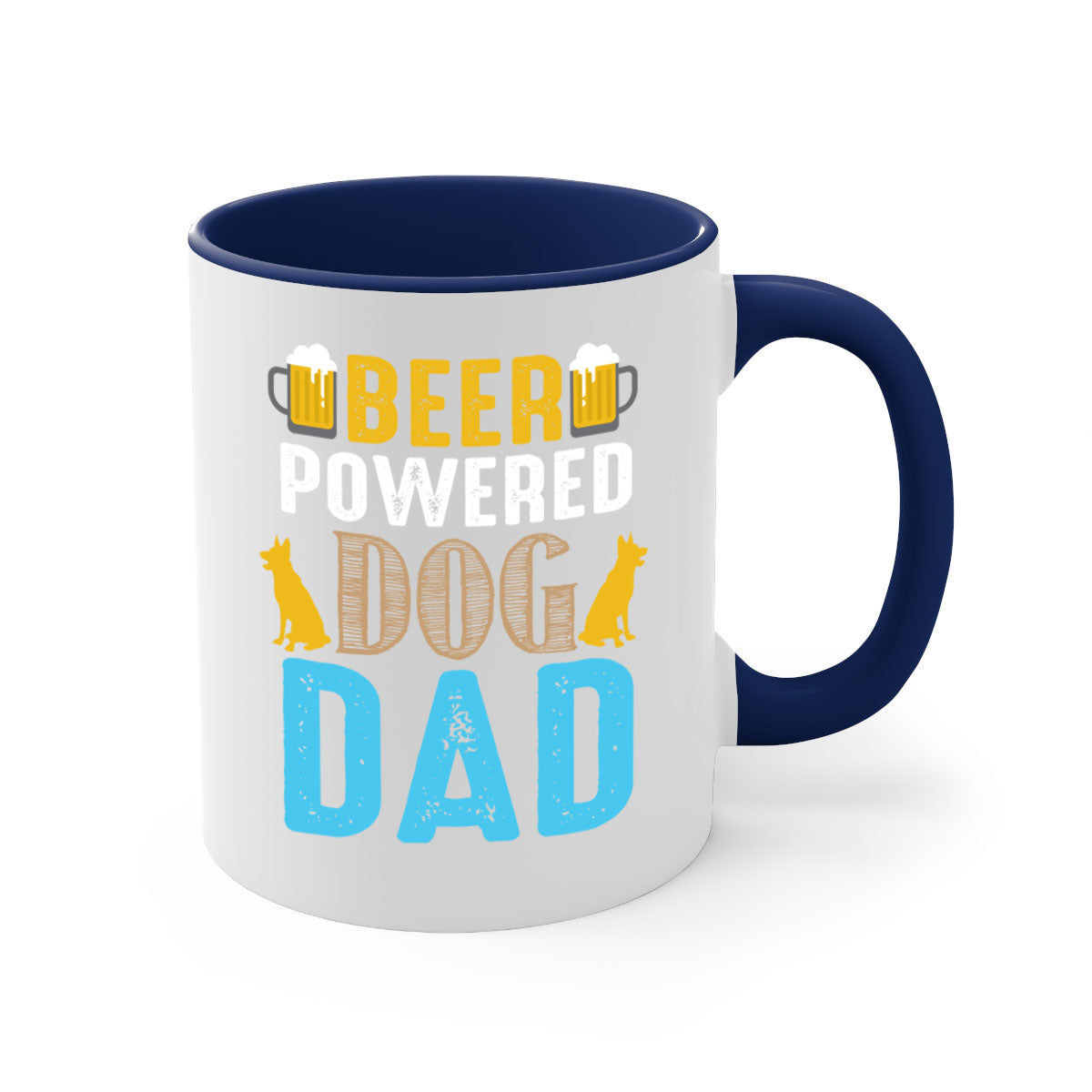 Beer Power Dog Dad Mug with colored handle and glossy finish, available in multiple colors and sizes.