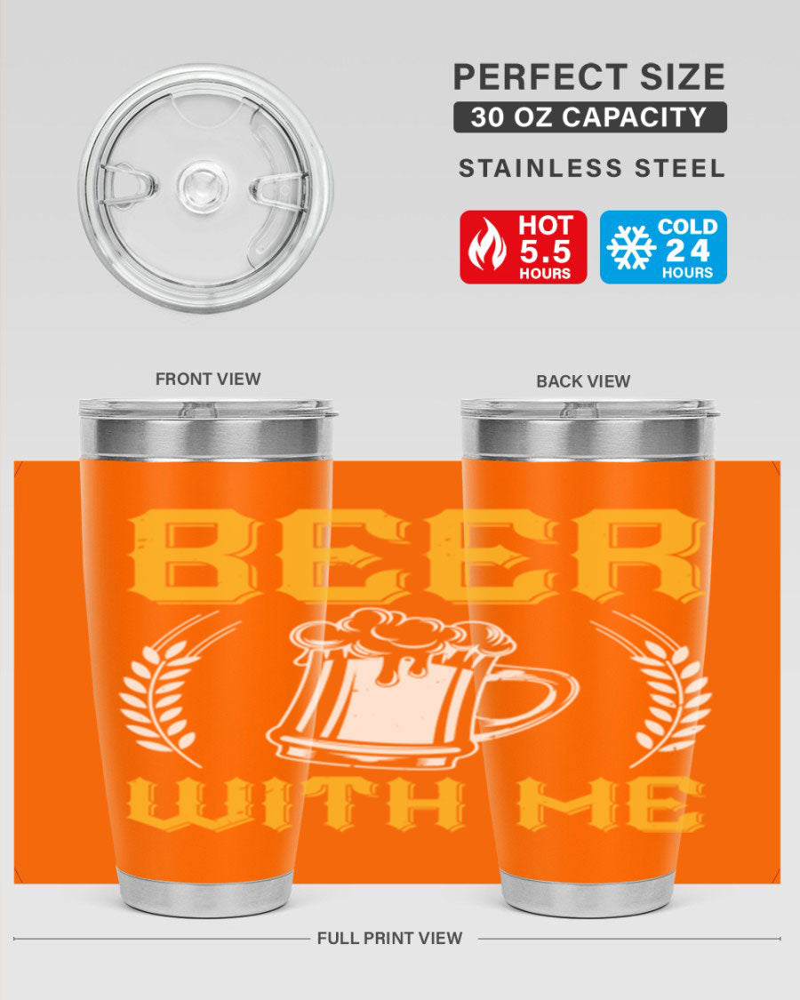 Beer With Me 103# Tumbler, a 20oz double wall vacuum stainless steel tumbler with a sleek design and drink-thru lid.