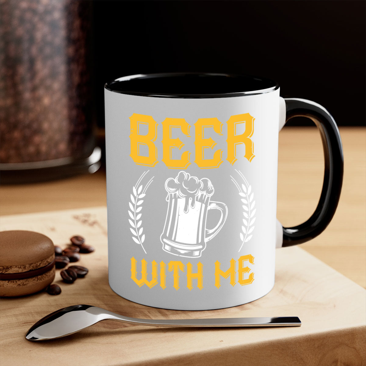 Beer With Me 103# Mug featuring a two-tone design with a colored handle and glossy finish, available in multiple colors.