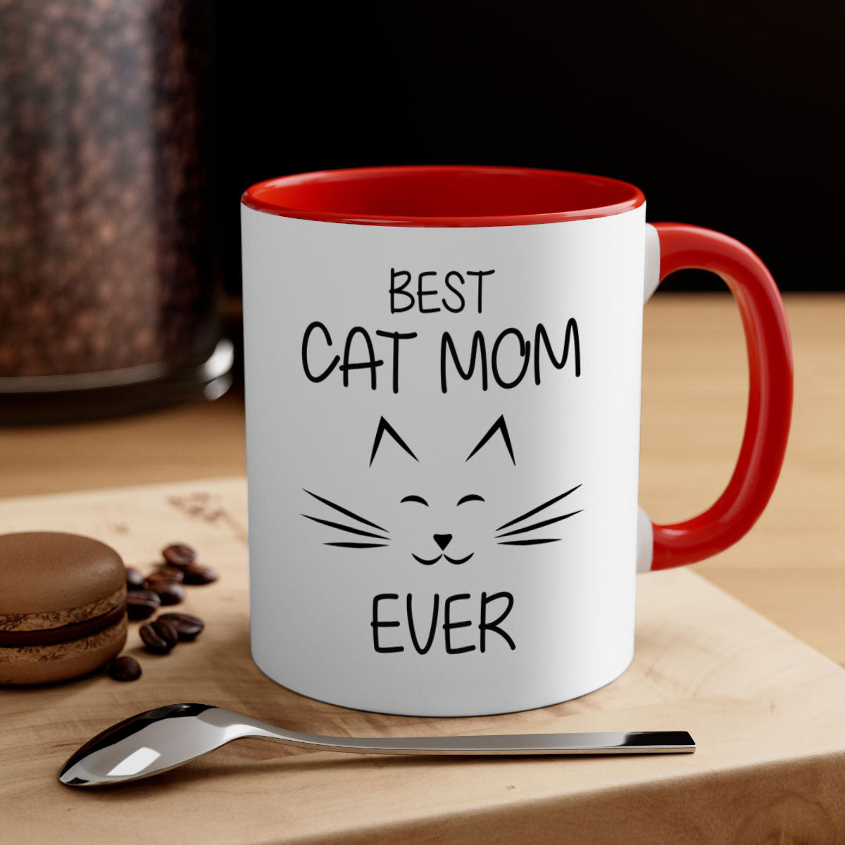 Best Cat Mom Ever mug with colorful handle and interior, showcasing a glossy finish.