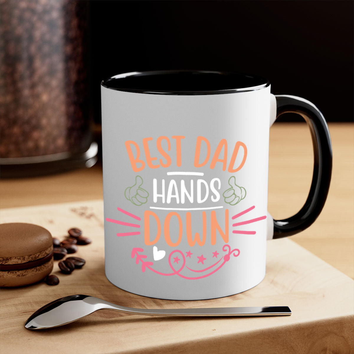 Best Dad Hands Down 108# Mug with colorful handle and glossy finish, available in multiple colors and sizes.