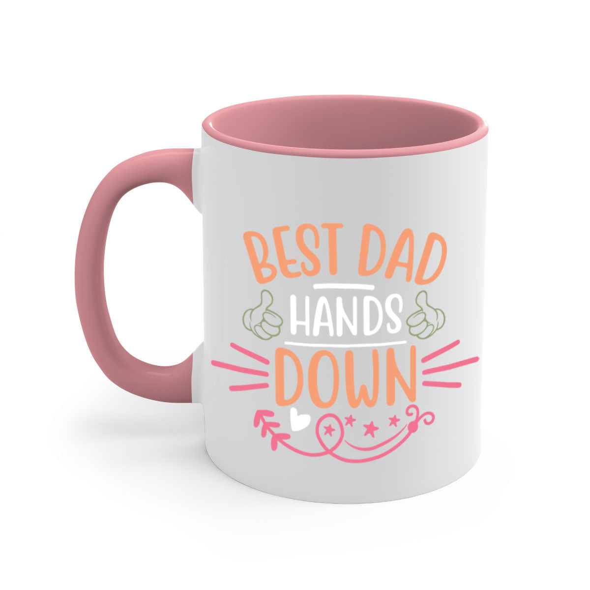 Best Dad Hands Down 108# Mug with colorful handle and glossy finish, available in multiple colors and sizes.