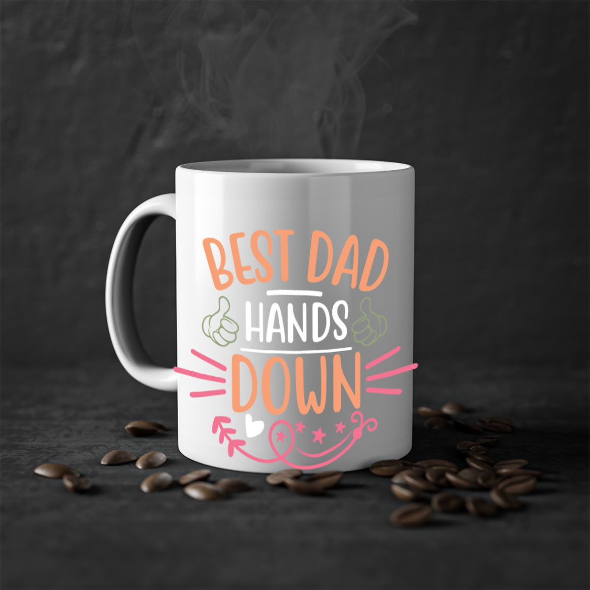 Best Dad Hands Down 108# Mug with colorful handle and glossy finish, available in multiple colors and sizes.