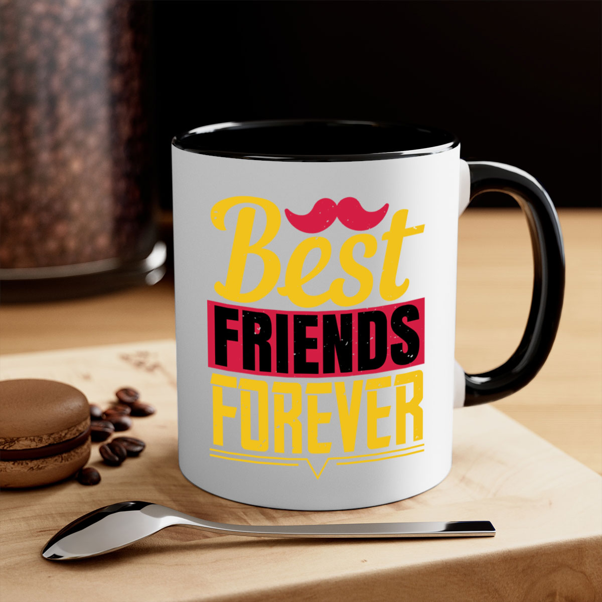 Best Friends Forever Mug with colorful handle and glossy finish, perfect for coffee or tea.