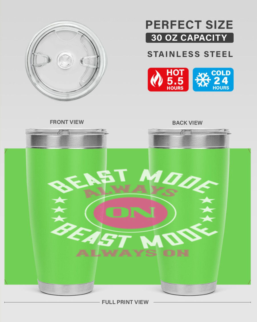 Best Mode Always On 20oz Gym Tumbler in stainless steel with a drink-thru lid, showcasing its sleek design and insulation features.
