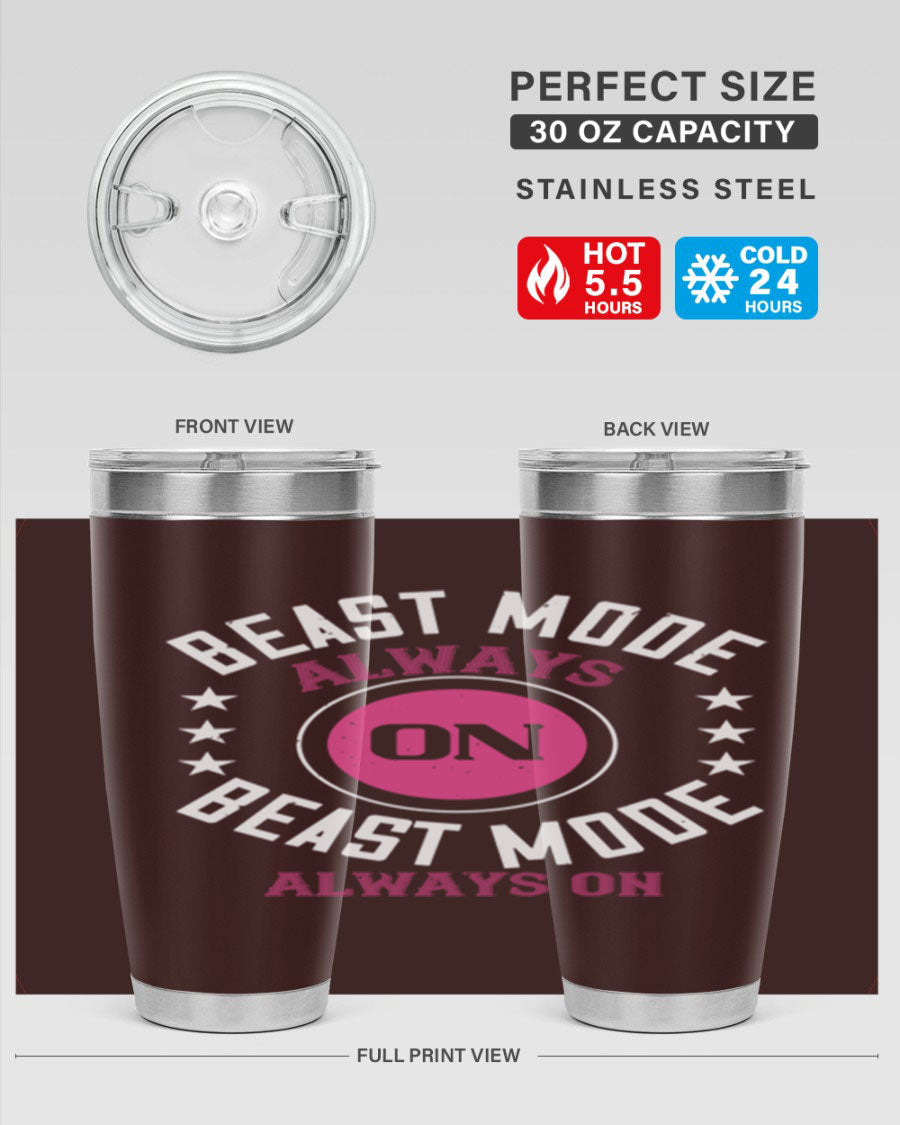Best Mode Always On 20oz Gym Tumbler in stainless steel with a drink-thru lid, showcasing its sleek design and insulation features.