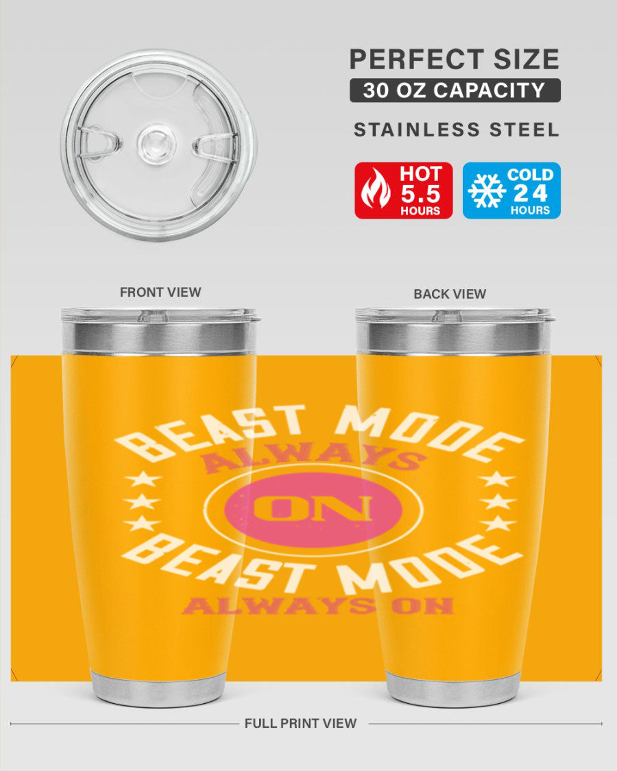 Best Mode Always On 20oz Gym Tumbler in stainless steel with a drink-thru lid, showcasing its sleek design and insulation features.