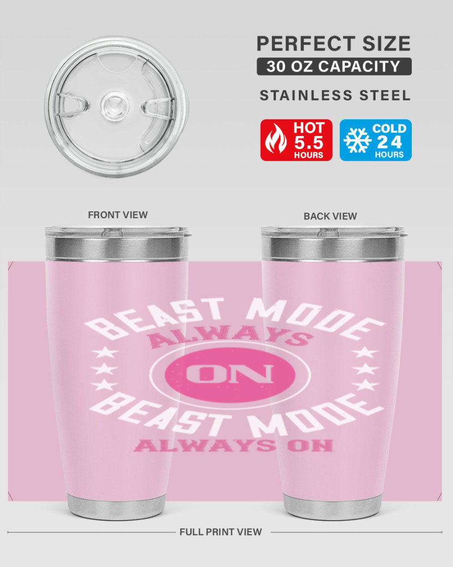 Best Mode Always On 20oz Gym Tumbler in stainless steel with a drink-thru lid, showcasing its sleek design and insulation features.