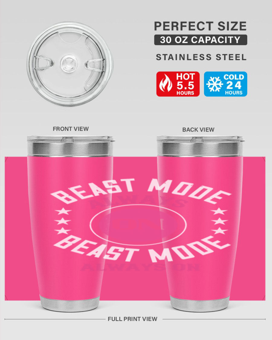 Best Mode Always On 20oz Gym Tumbler in stainless steel with a drink-thru lid, showcasing its sleek design and insulation features.