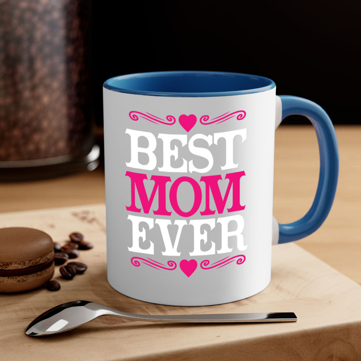 Best Mom Ever 282# Mug with colorful handle and interior, glossy finish, available in two sizes.