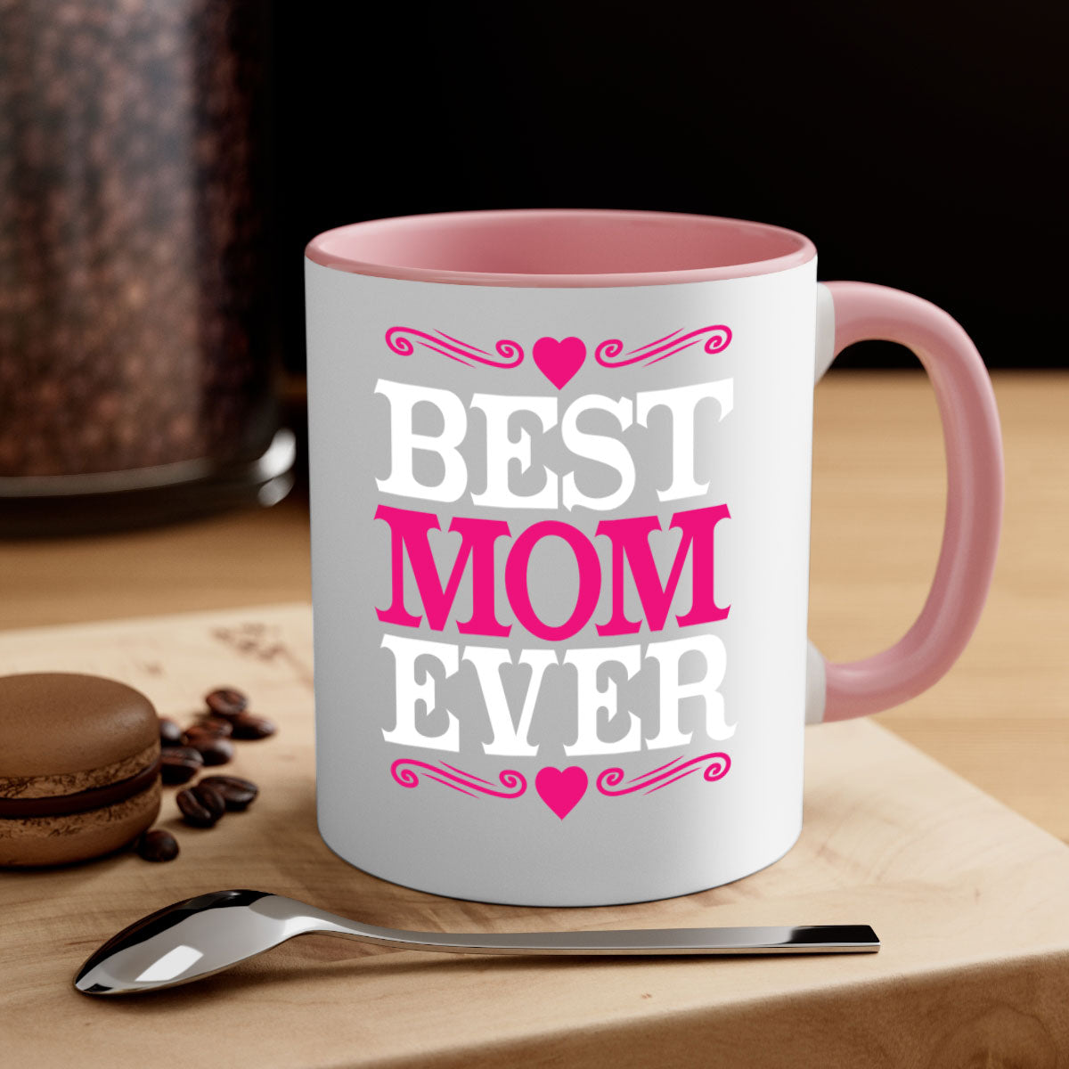 Best Mom Ever 282# Mug with colorful handle and interior, glossy finish, available in two sizes.