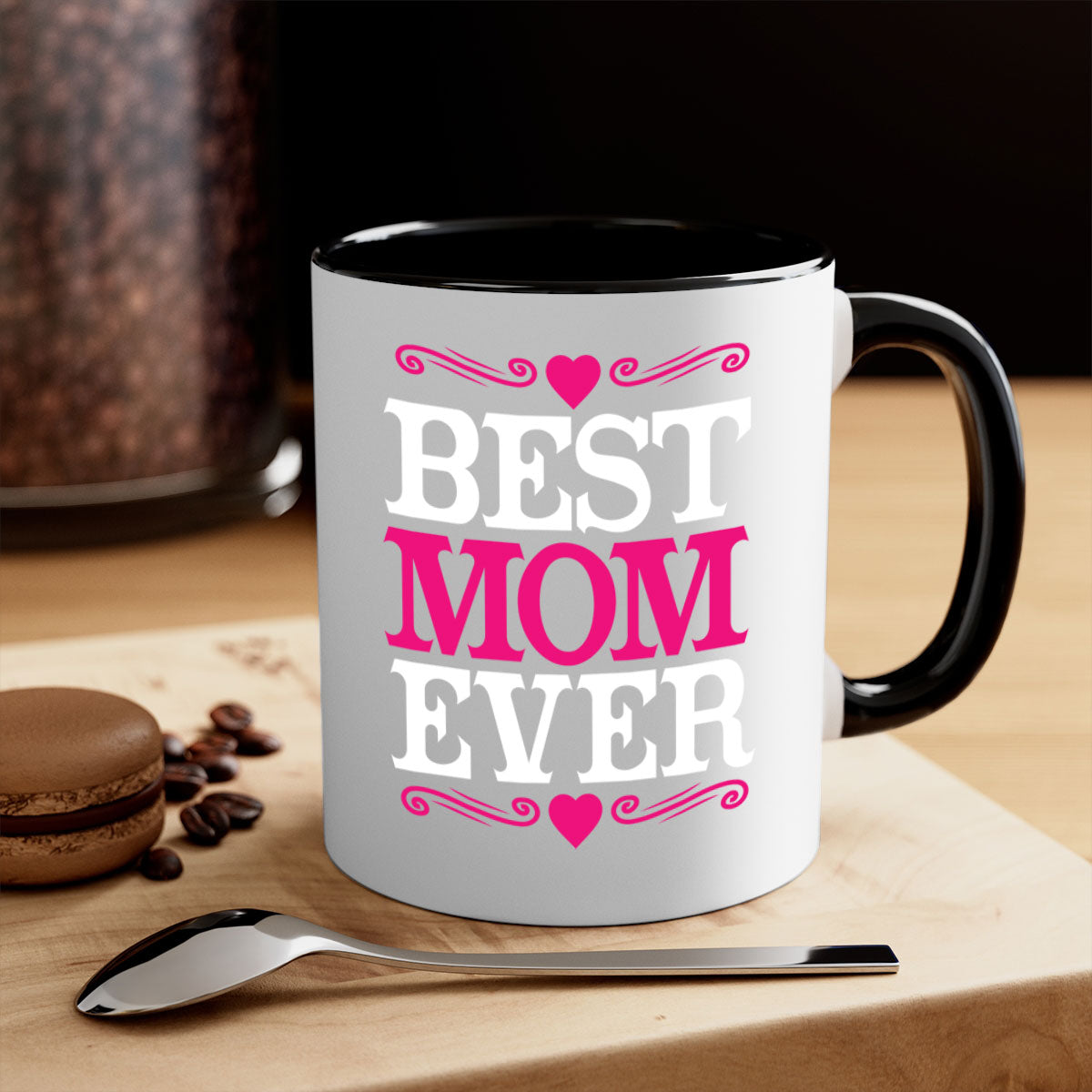 Best Mom Ever 282# Mug with colorful handle and interior, glossy finish, available in two sizes.