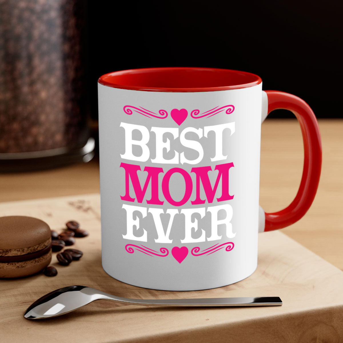 Best Mom Ever 282# Mug with colorful handle and interior, glossy finish, available in two sizes.