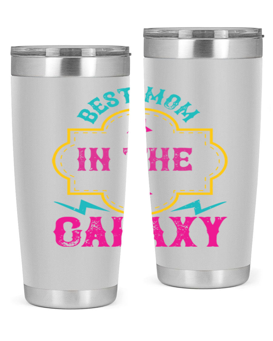Best Mom in the Galaxy 20oz Tumbler featuring a stylish design, double wall vacuum insulation, and a press-in drink-thru lid.