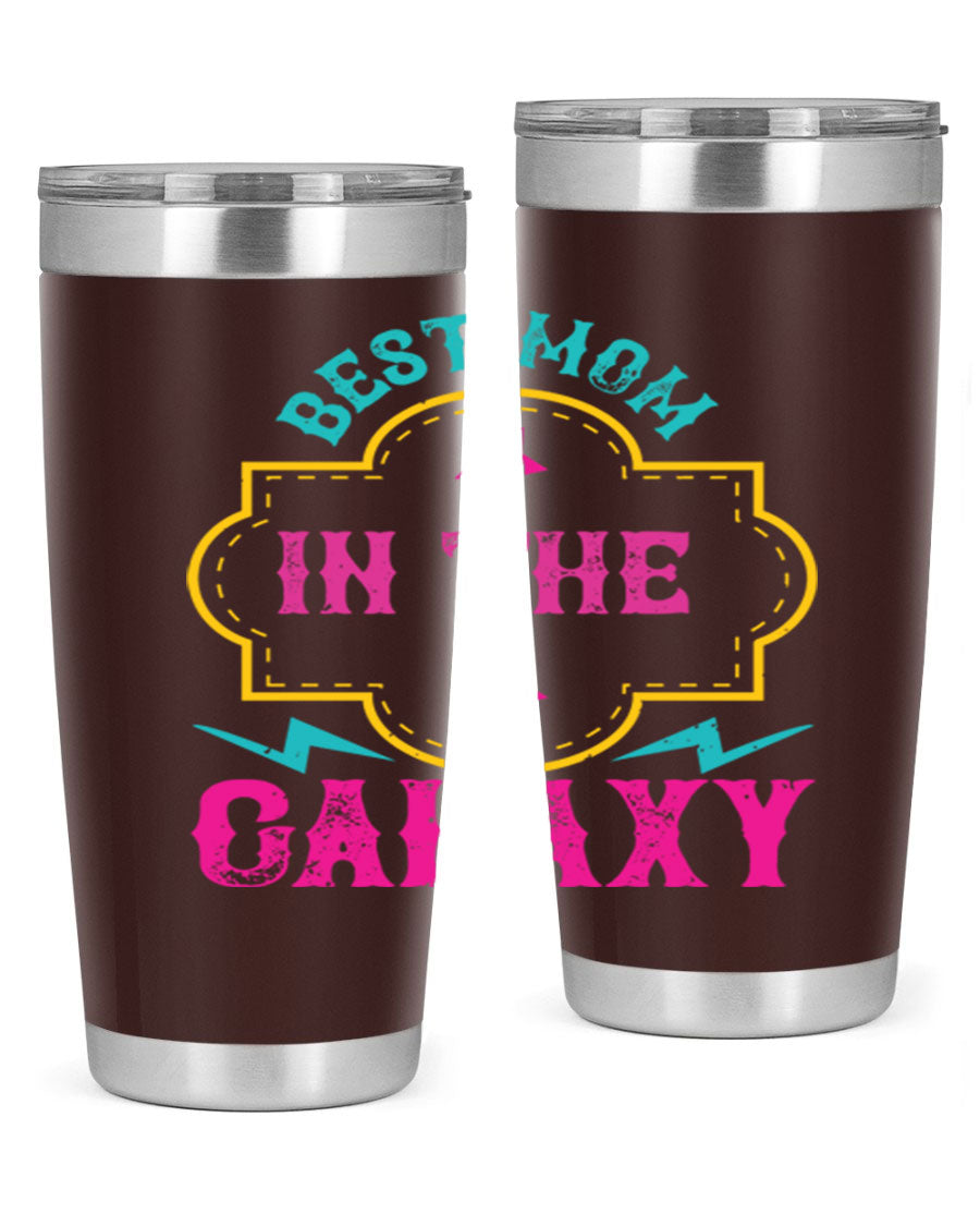 Best Mom in the Galaxy 20oz Tumbler featuring a stylish design, double wall vacuum insulation, and a press-in drink-thru lid.