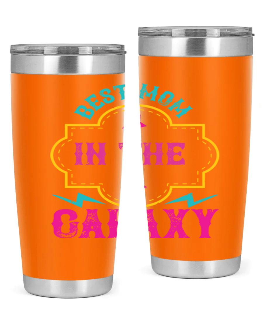Best Mom in the Galaxy 20oz Tumbler featuring a stylish design, double wall vacuum insulation, and a press-in drink-thru lid.