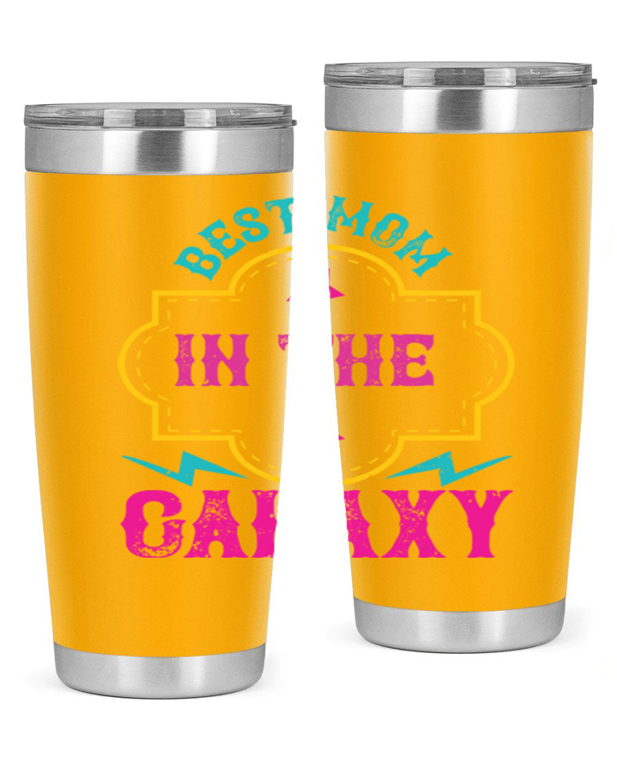 Best Mom in the Galaxy 20oz Tumbler featuring a stylish design, double wall vacuum insulation, and a press-in drink-thru lid.