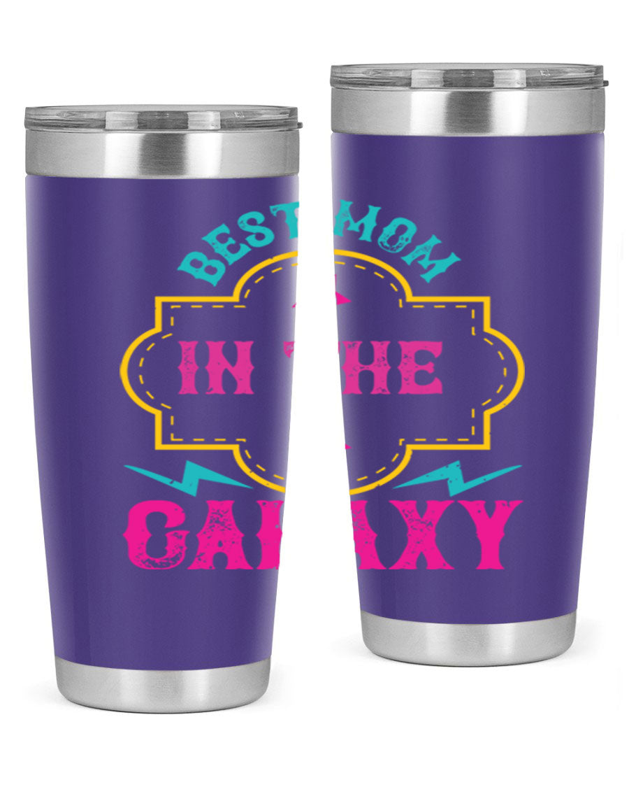 Best Mom in the Galaxy 20oz Tumbler featuring a stylish design, double wall vacuum insulation, and a press-in drink-thru lid.
