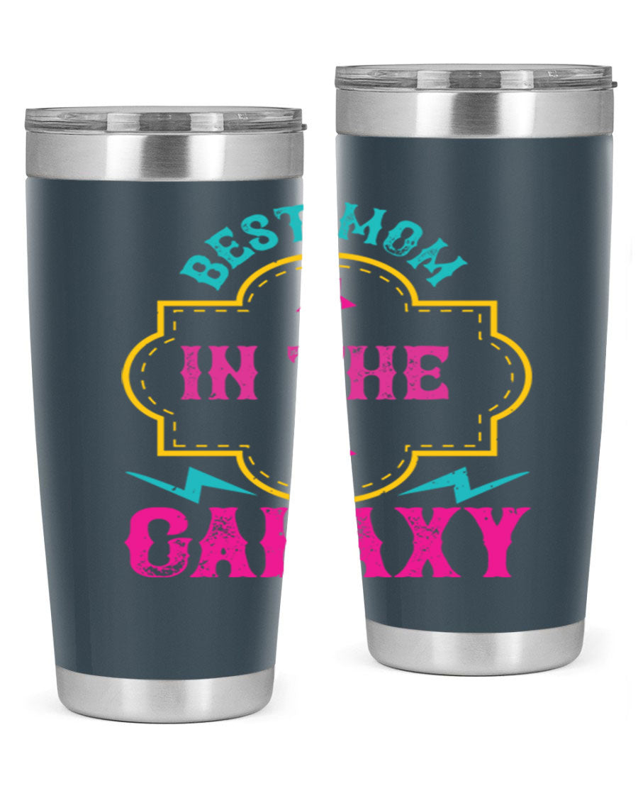 Best Mom in the Galaxy 20oz Tumbler featuring a stylish design, double wall vacuum insulation, and a press-in drink-thru lid.