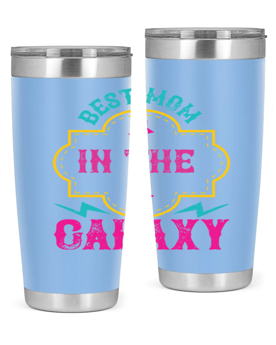 Best Mom in the Galaxy 20oz Tumbler featuring a stylish design, double wall vacuum insulation, and a press-in drink-thru lid.