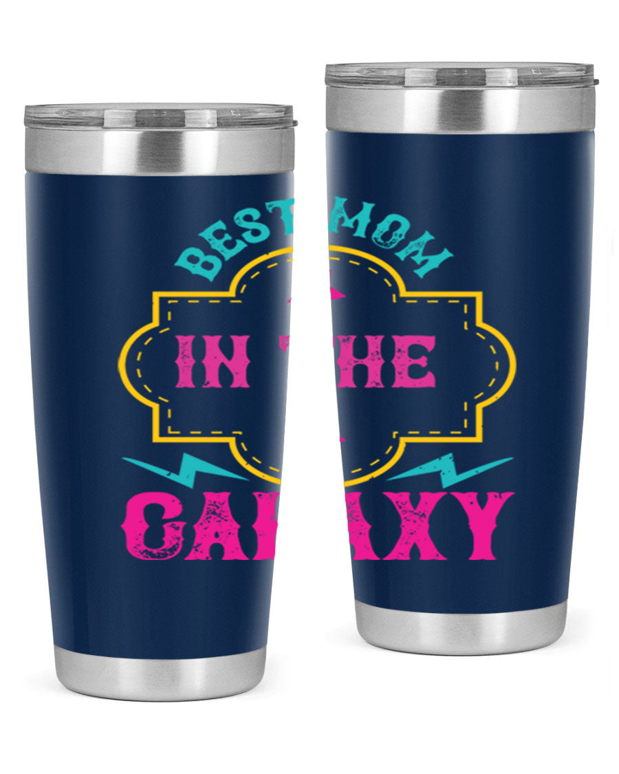 Best Mom in the Galaxy 20oz Tumbler featuring a stylish design, double wall vacuum insulation, and a press-in drink-thru lid.