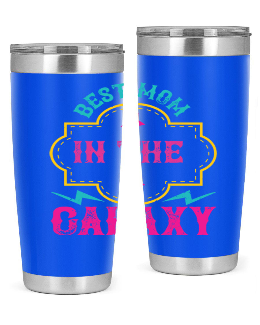 Best Mom in the Galaxy 20oz Tumbler featuring a stylish design, double wall vacuum insulation, and a press-in drink-thru lid.