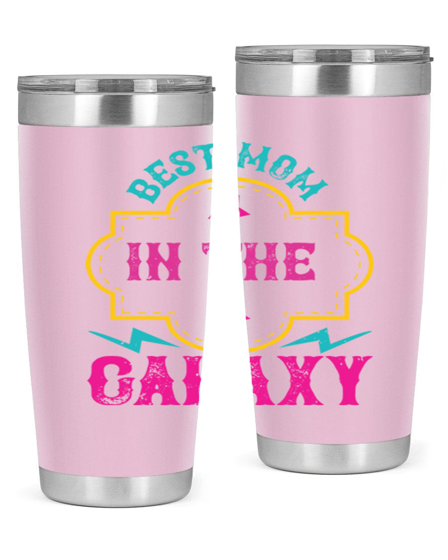 Best Mom in the Galaxy 20oz Tumbler featuring a stylish design, double wall vacuum insulation, and a press-in drink-thru lid.