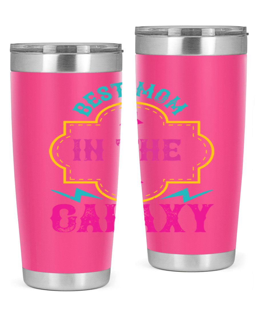 Best Mom in the Galaxy 20oz Tumbler featuring a stylish design, double wall vacuum insulation, and a press-in drink-thru lid.