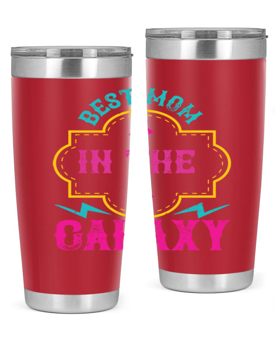 Best Mom in the Galaxy 20oz Tumbler featuring a stylish design, double wall vacuum insulation, and a press-in drink-thru lid.