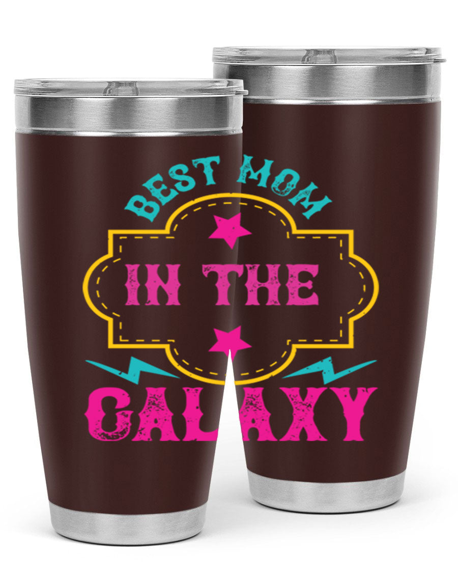 Best Mom in the Galaxy 20oz Tumbler featuring a stylish design, double wall vacuum insulation, and a press-in drink-thru lid.