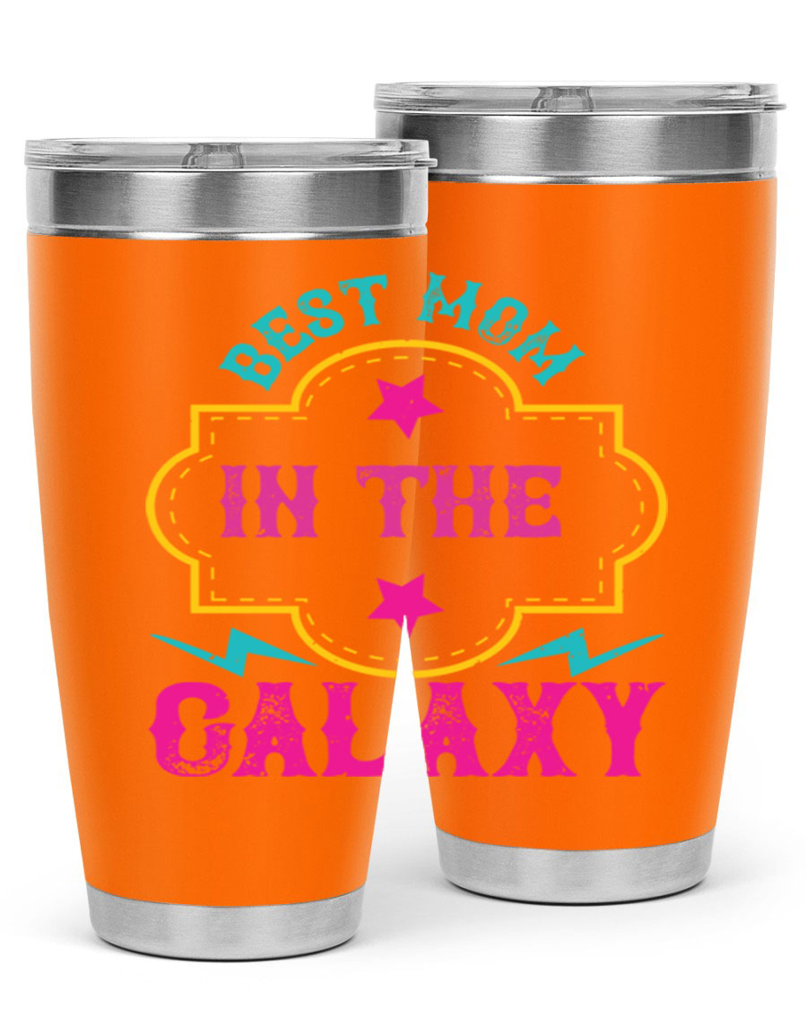 Best Mom in the Galaxy 20oz Tumbler featuring a stylish design, double wall vacuum insulation, and a press-in drink-thru lid.