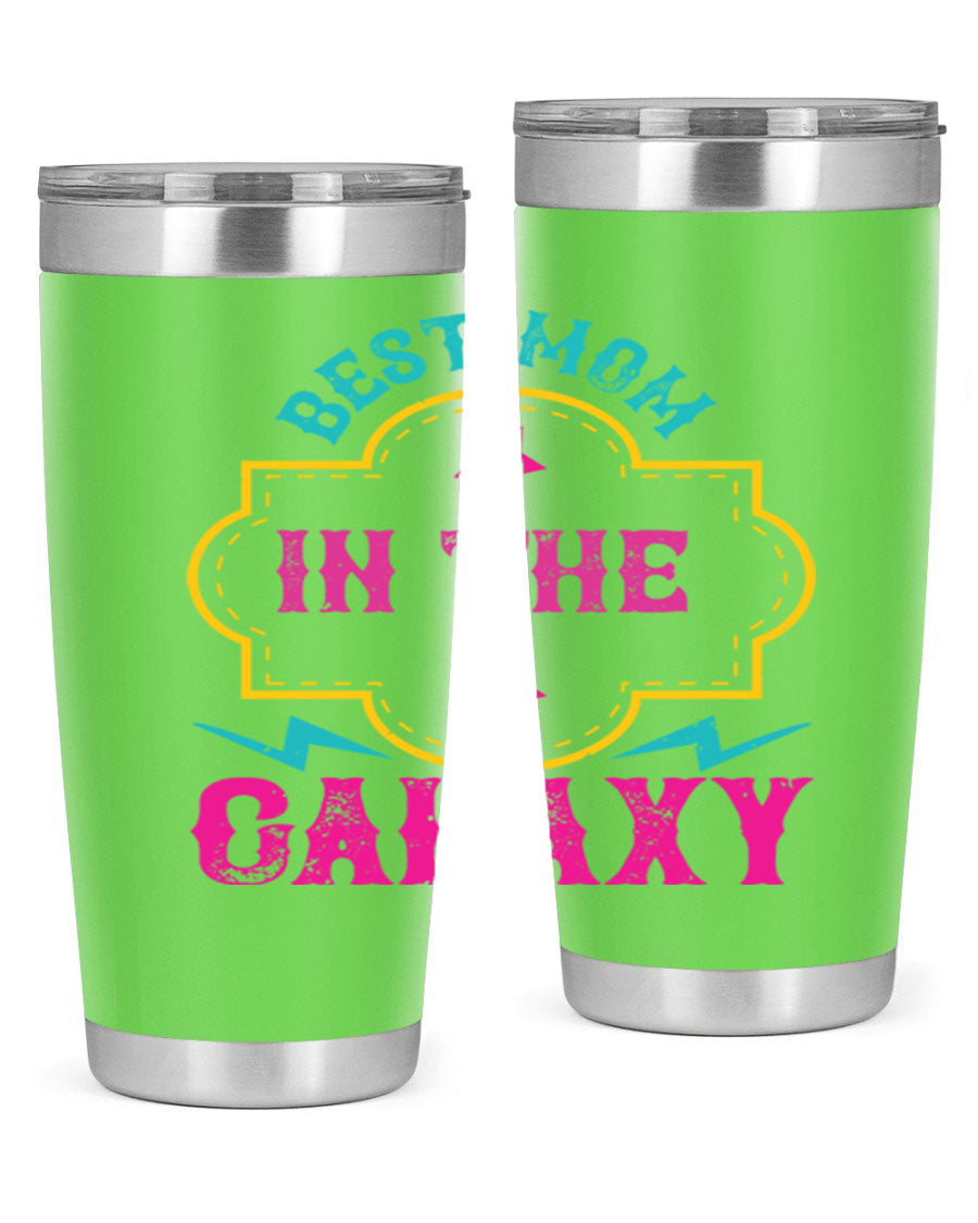 Best Mom in the Galaxy 20oz Tumbler featuring a stylish design, double wall vacuum insulation, and a press-in drink-thru lid.