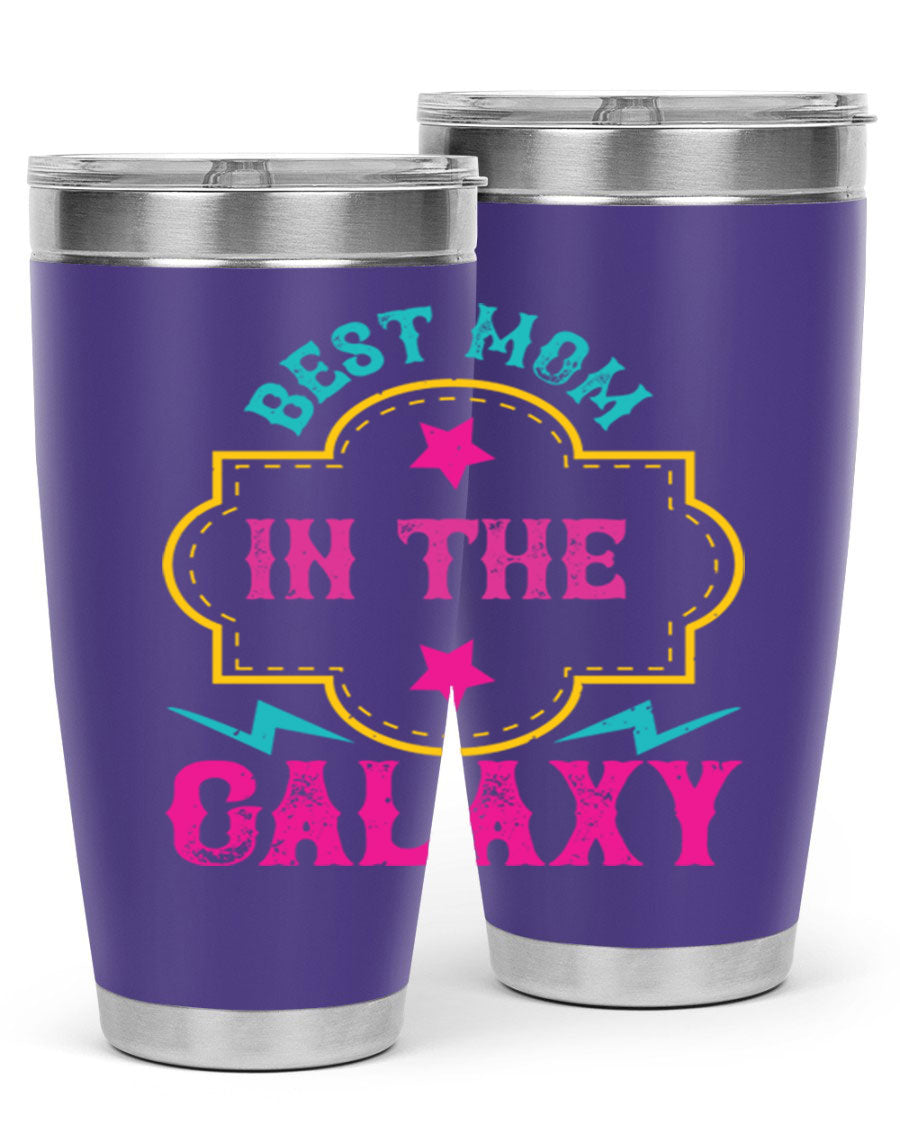 Best Mom in the Galaxy 20oz Tumbler featuring a stylish design, double wall vacuum insulation, and a press-in drink-thru lid.