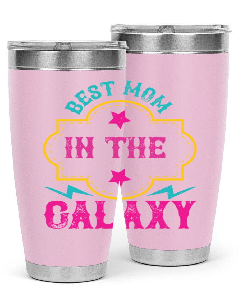 Best Mom in the Galaxy 20oz Tumbler featuring a stylish design, double wall vacuum insulation, and a press-in drink-thru lid.