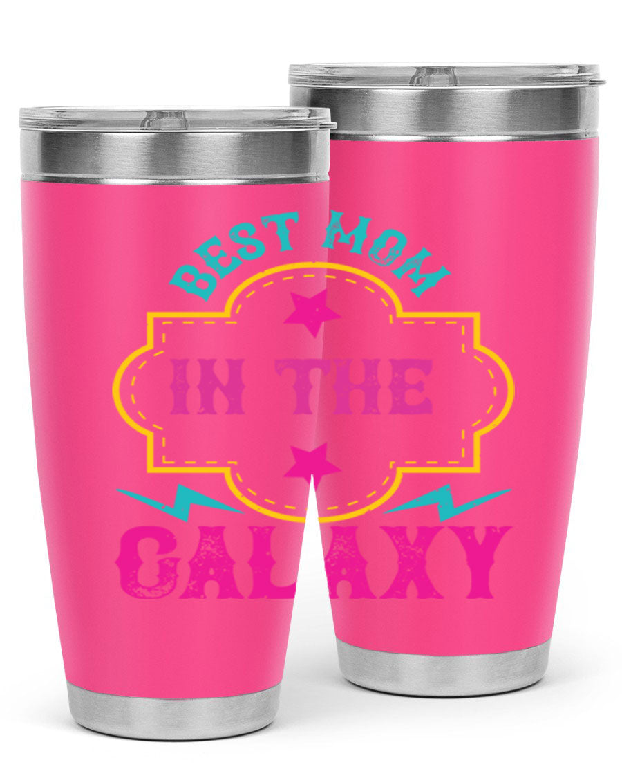 Best Mom in the Galaxy 20oz Tumbler featuring a stylish design, double wall vacuum insulation, and a press-in drink-thru lid.
