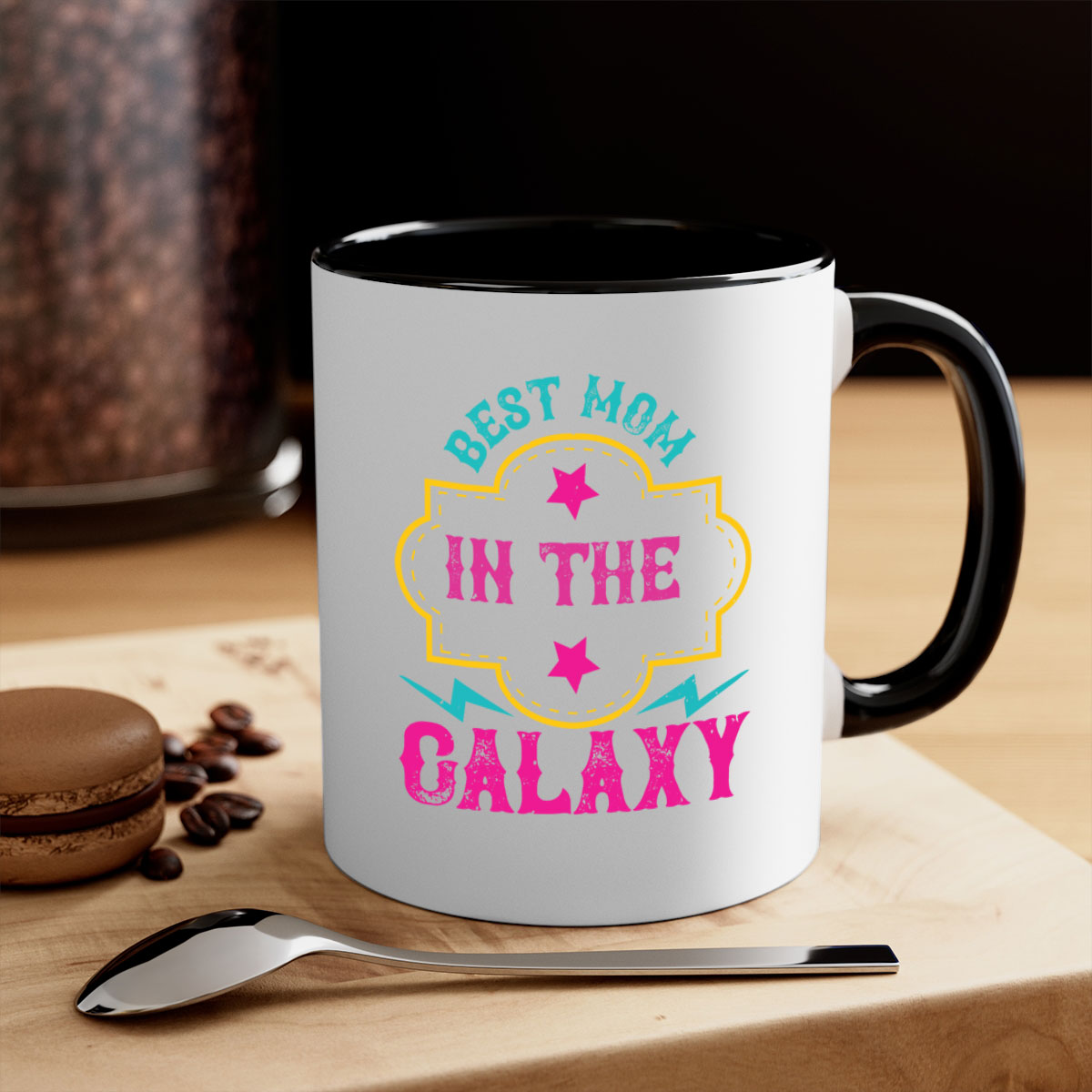 Best Mom in the Galaxy 206# Mug with colorful handle and glossy finish, available in multiple colors and sizes.