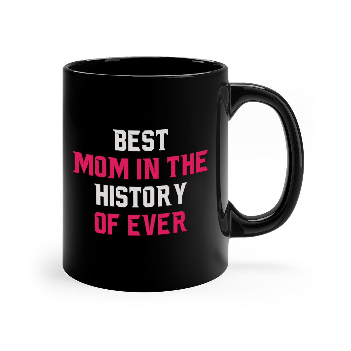 Best Mom in the History of Ever mug with colorful handle and glossy finish, available in multiple colors and sizes.