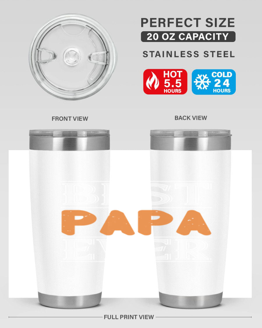 Best Papa Ever tumbler featuring a stylish design, double wall vacuum insulation, and a press-in lid, perfect for hot and cold beverages.
